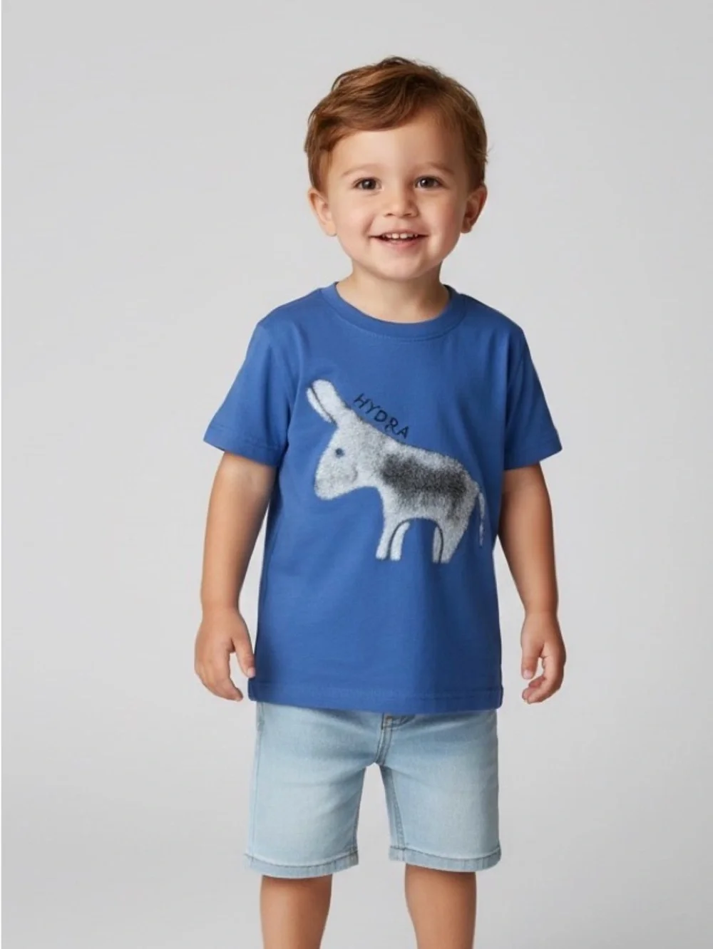 Kids Blue T‑Shirt Textured Fuzzy Donkey Graphic Applique - Hydra, Greece | Sz 2